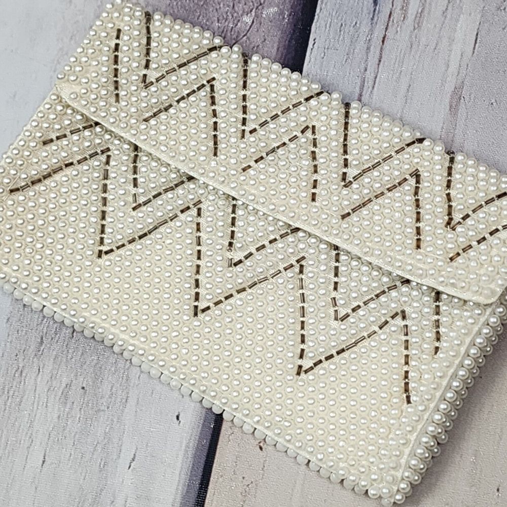 VINTAGE Evening Bag Clutch White Beaded coin purse makeup pouch Made in JAPAN